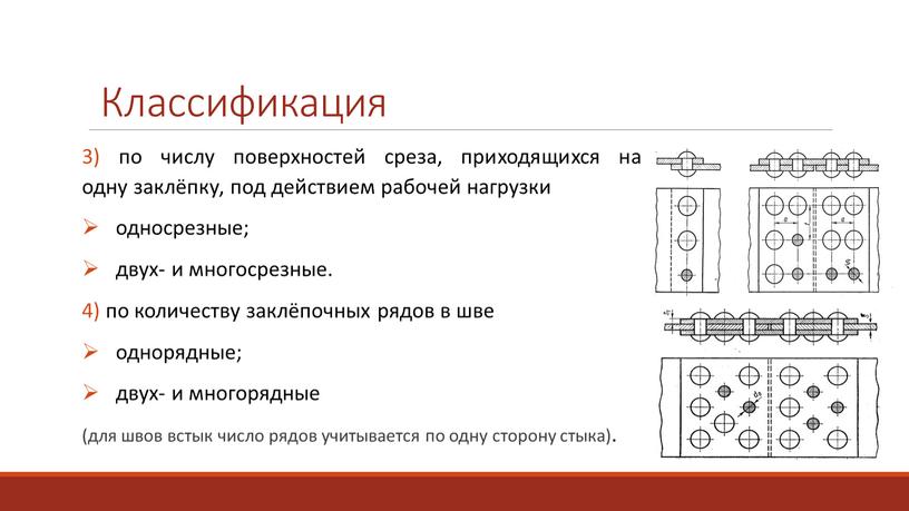 3) по числу поверхностей среза, приходящихся на одну заклёпку, под действием рабочей нагрузки односрезные; двух- и многосрезные. 4) по количеству заклёпочных рядов в шве однорядные;…