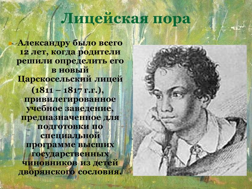 Лицейская пора Александру было всего 12 лет, когда родители решили определить его в новый