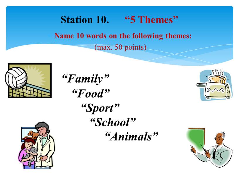 Name 10 words on the following themes: (max