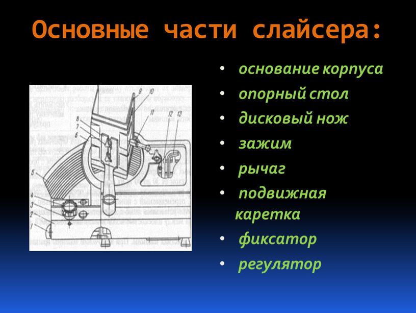 Основные части слайсера: основание корпуса опорный стол дисковый нож зажим рычаг подвижная каретка фиксатор регулятор