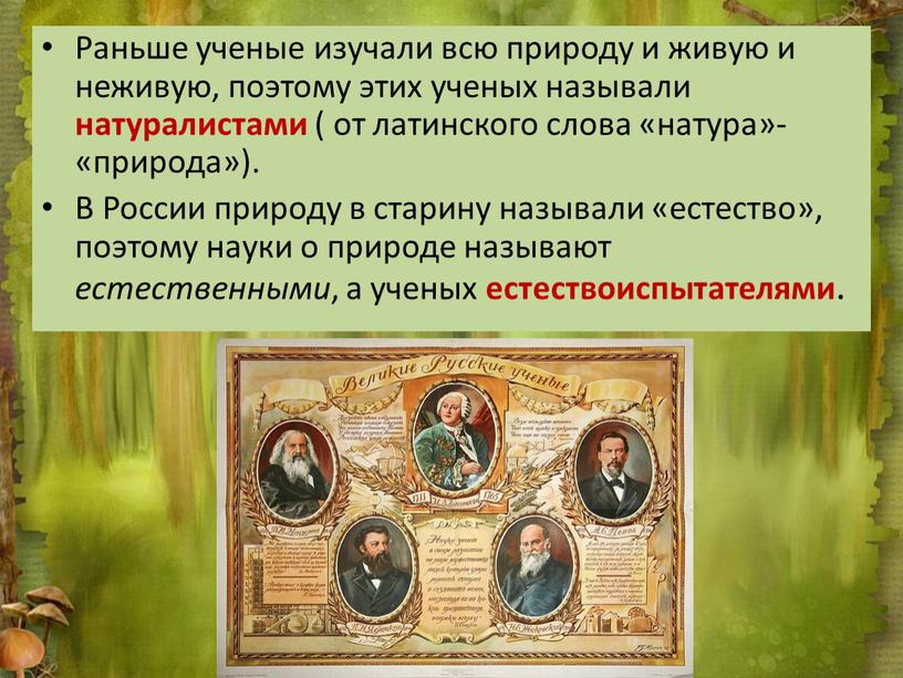 Раньше ученые изучали всю природу и живую и неживую, поэтому этих ученых называли натуралистами ( от латинского слова «натура»- «природа»)