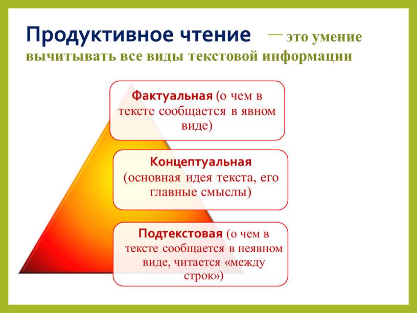 Продуктивное чтение – это умение вычитывать все виды текстовой информации