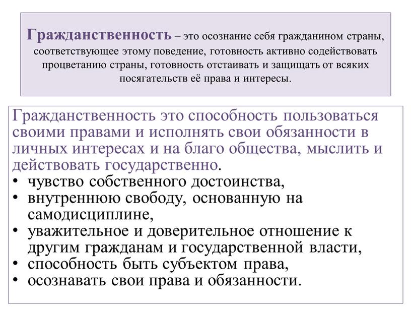 Гражданственность – это осознание себя гражданином страны, соответствующее этому поведение, готовность активно содействовать процветанию страны, готовность отстаивать и защищать от всяких посягательств её права и…