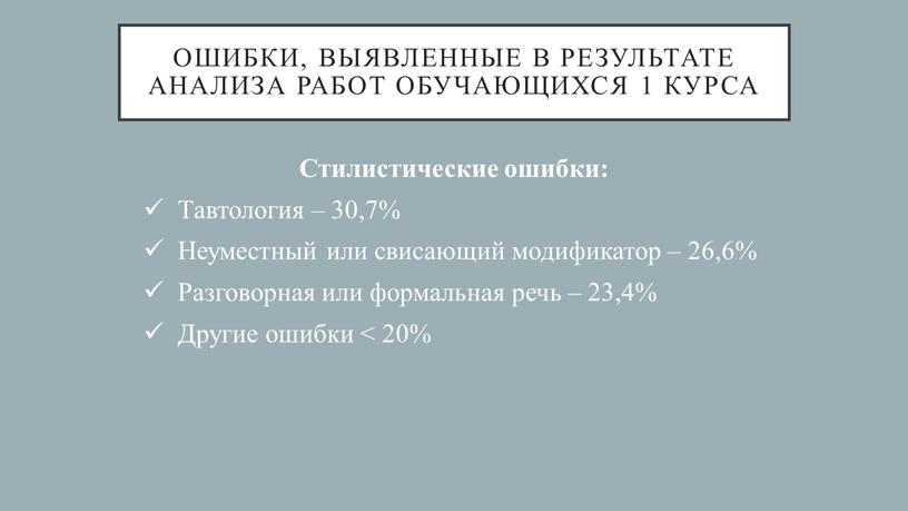 Ошибки, выявленные в результате анализа работ обучающихся 1 курса