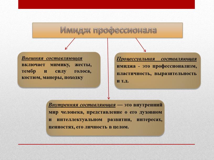 Имидж профессионала Внешняя составляющая включает мимику, жесты, тембр и силу голоса, костюм, манеры, походку