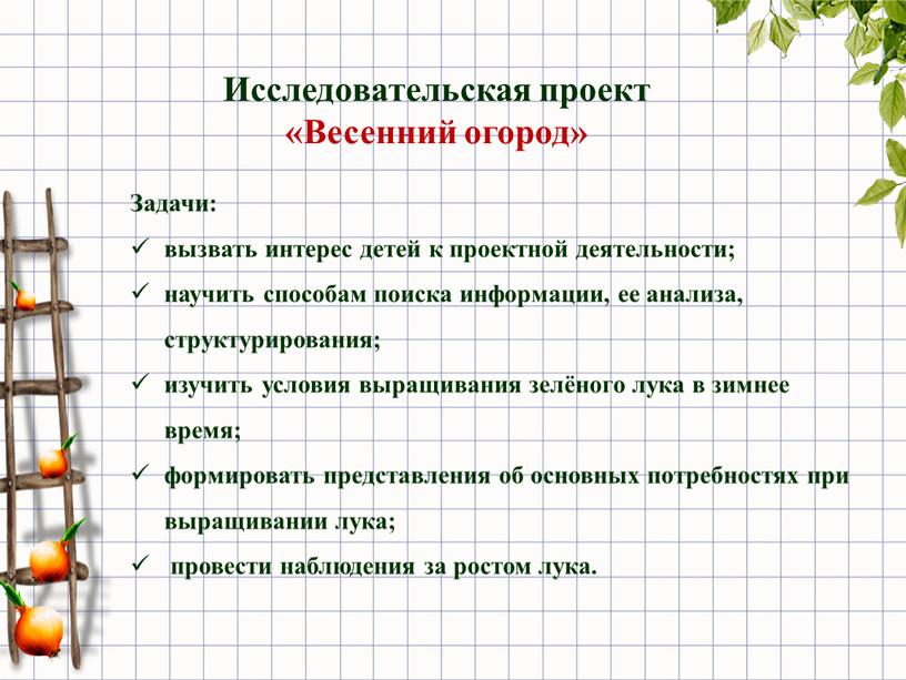 Задачи: вызвать интерес детей к проектной деятельности; научить способам поиска информации, ее анализа, структурирования; изучить условия выращивания зелёного лука в зимнее время; формировать представления об…