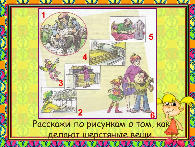 Расскажи по рисункам о том, как делают шерстяные вещи