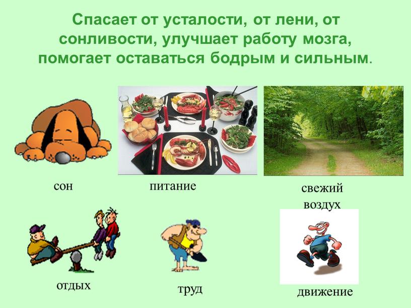 Спасает от усталости, от лени, от сонливости, улучшает работу мозга, помогает оставаться бодрым и сильным