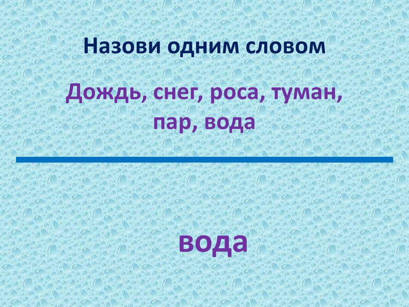 Назови одним словом Дождь, снег, роса, туман, пар, вода вода