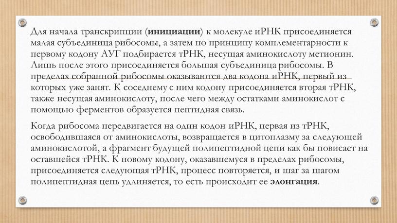 Для начала транскрипции ( инициации ) к молекуле иРНК присоединяется малая субъединица рибосомы, а затем по принципу комплементарности к первому кодону