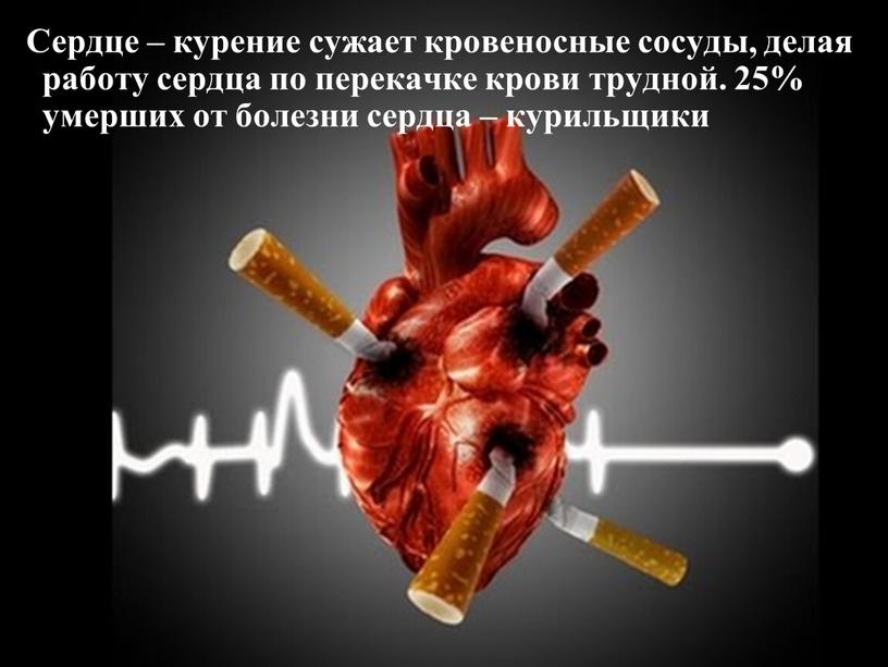 Сердце – курение сужает кровеносные сосуды, делая работу сердца по перекачке крови трудной