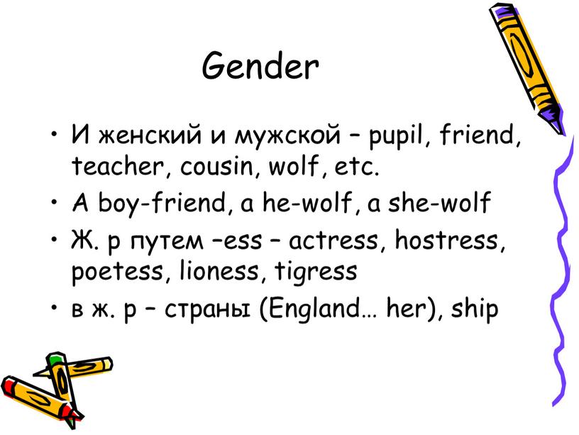 Gender И женский и мужской – pupil, friend, teacher, cousin, wolf, etc