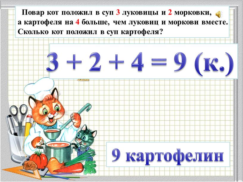 Повар кот положил в суп 3 луковицы и 2 морковки, а картофеля на 4 больше, чем луковиц и моркови вместе