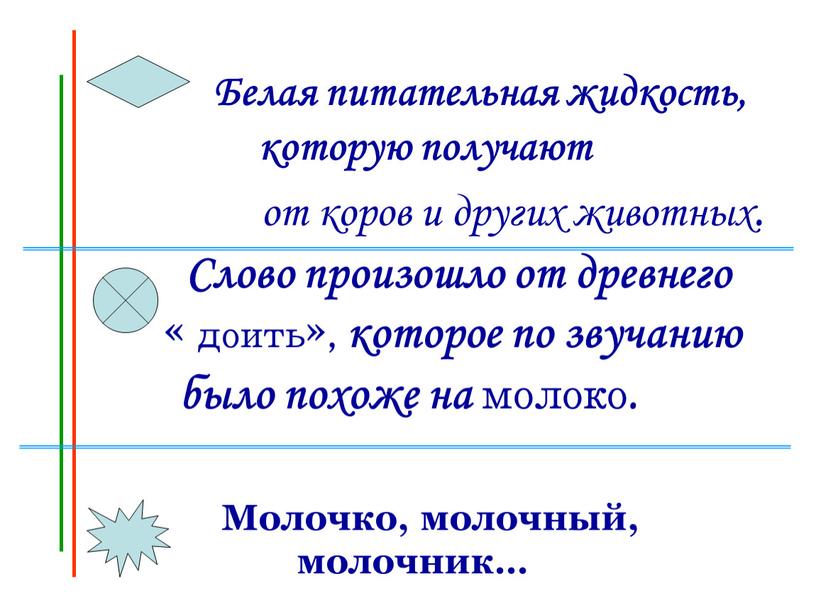 Слово произошло от древнего « доить», которое по звучанию было похоже на молоко