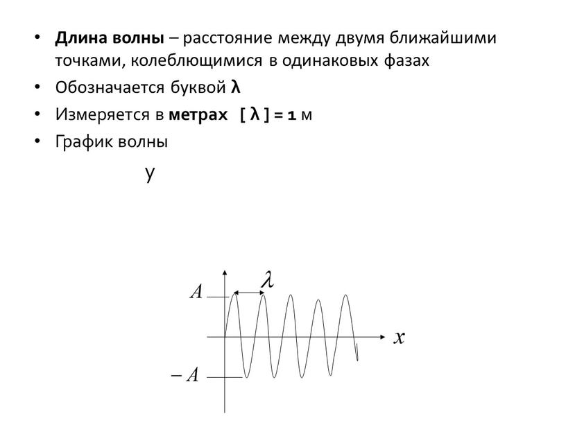 Длина волны – расстояние между двумя ближайшими точками, колеблющимися в одинаковых фазах