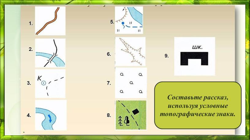 Составьте рассказ, используя условные топографические знаки