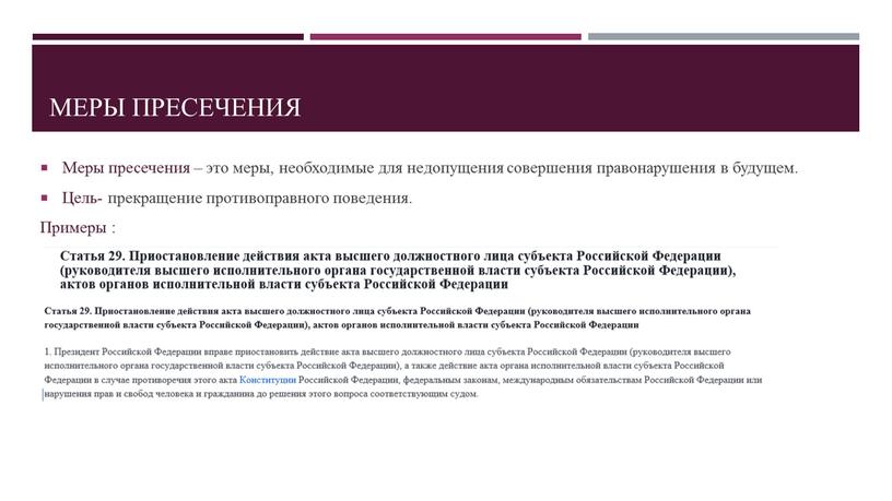 Меры пресечения Меры пресечения – это меры, необходимые для недопущения совершения правонарушения в будущем