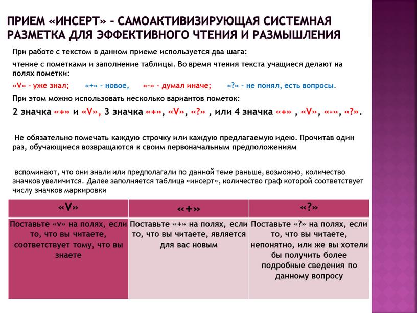 Прием «инсерт» - самоактивизирующая системная разметка для эффективного чтения и размышления