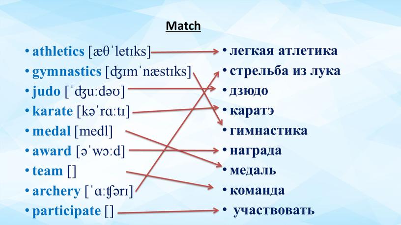 легкая атлетика стрельба из лука дзюдо каратэ гимнастика награда медаль команда участвовать athletics [æθˈletɪks] gymnastics [ʤɪmˈnæstɪks] judo [ˈʤuːdəʊ] karate [kəˈrɑːtɪ] medal [medl] award [əˈwɔːd] team…