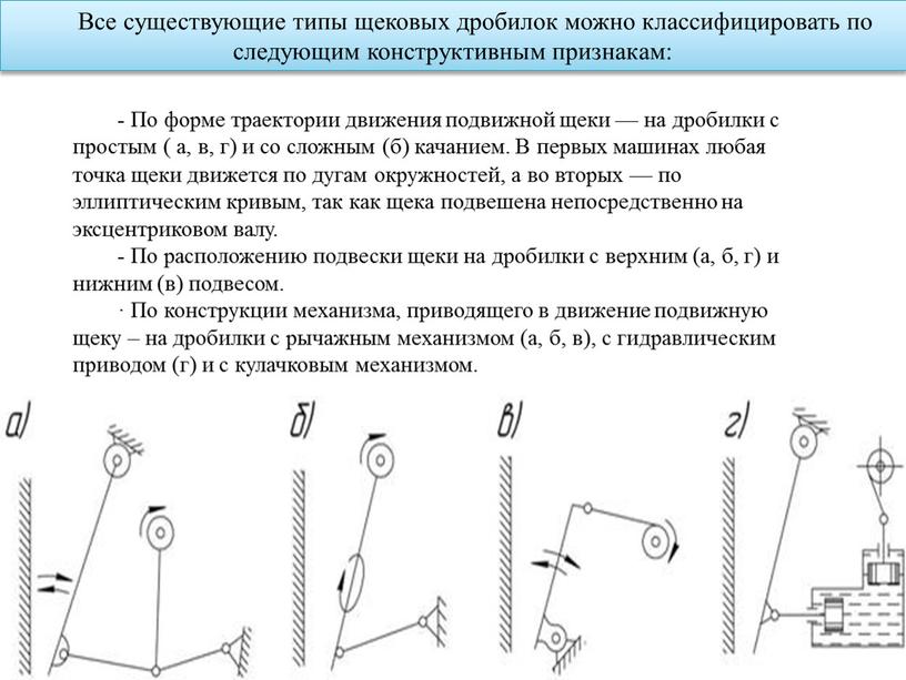 Все существующие типы щековых дробилок можно классифицировать по следующим конструктивным признакам: -