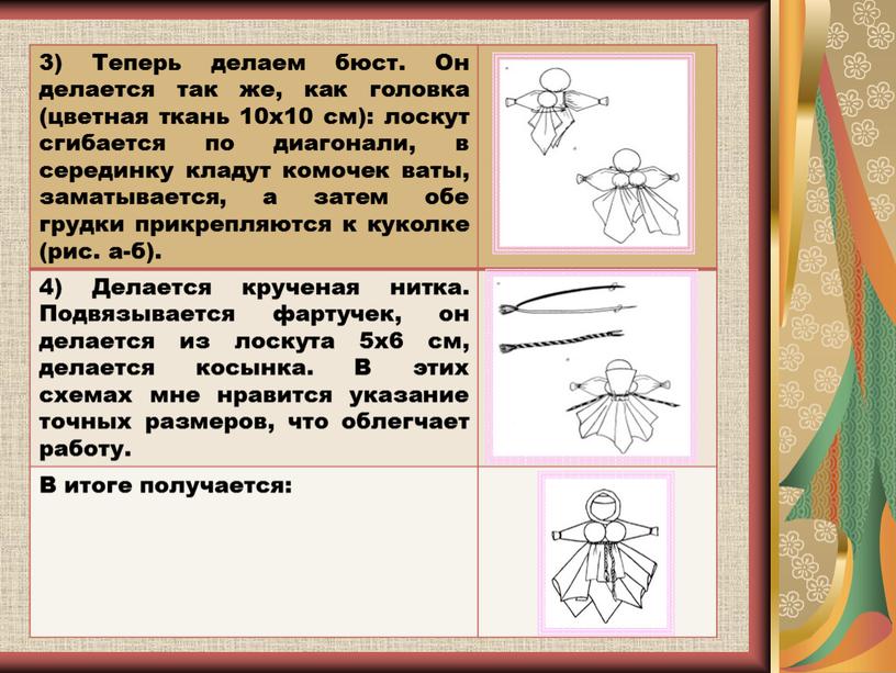 Теперь делаем бюст. Он делается так же, как головка (цветная ткань 10х10 см): лоскут сгибается по диагонали, в серединку кладут комочек ваты, заматывается, а затем…