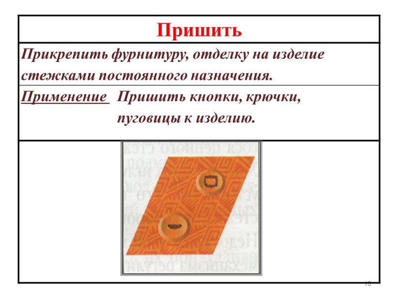 Пришить Прикрепить фурнитуру, отделку на изделие стежками постоянного назначения