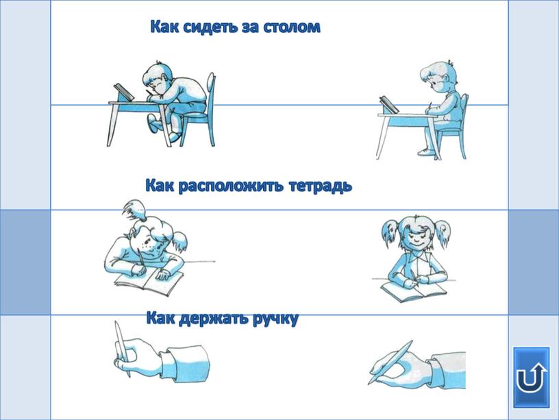 Как сидеть за столом Как расположить тетрадь