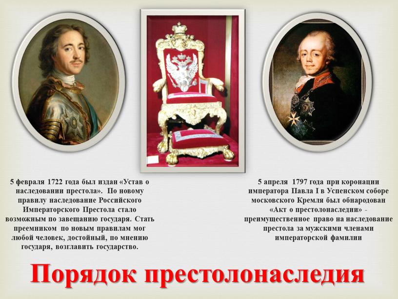 Порядок престолонаследия 5 февраля 1722 года был издан «Устав о наследовании престола»