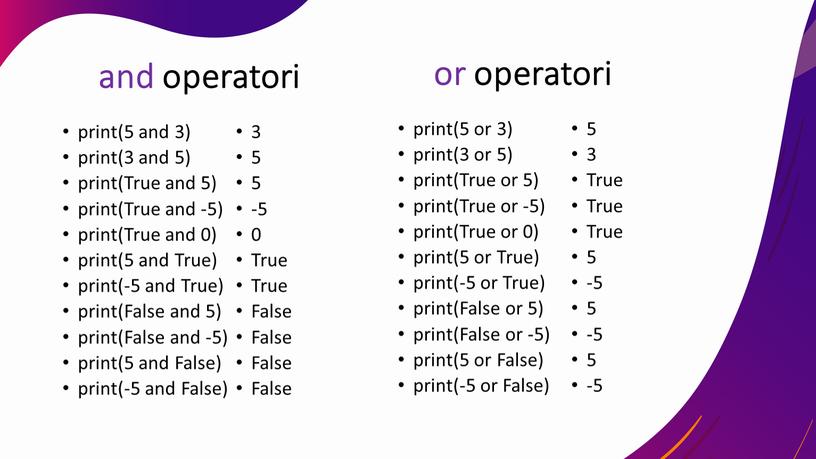 True and 5) print(True and -5) print(True and 0) print(5 and
