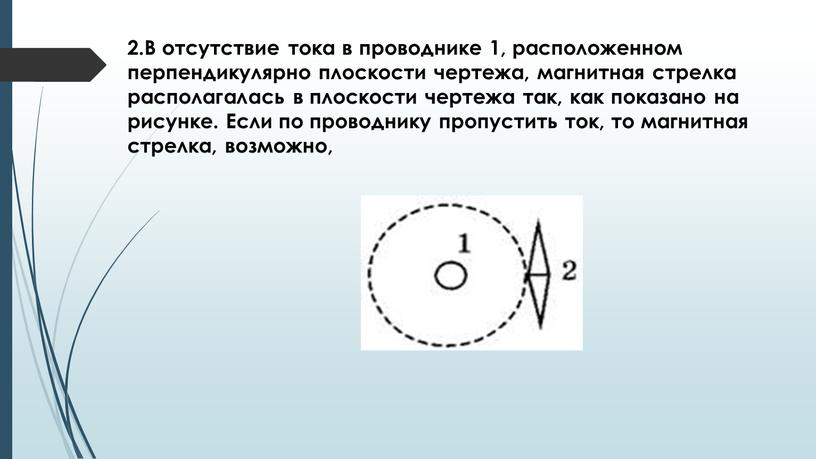 В отсутствие тока в проводнике 1, расположенном перпендикулярно плоскости чертежа, магнитная стрелка располагалась в плоскости чертежа так, как показано на рисунке