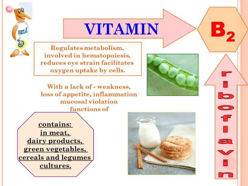 VITAMIN B2 riboflavin Regulates metabolism, involved in hematopoiesis, reduces eye strain facilitates oxygen uptake by cells