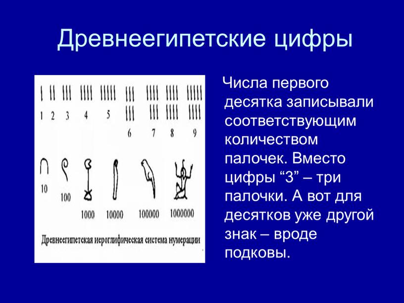 Древнеегипетские цифры Числа первого десятка записывали соответствующим количеством палочек