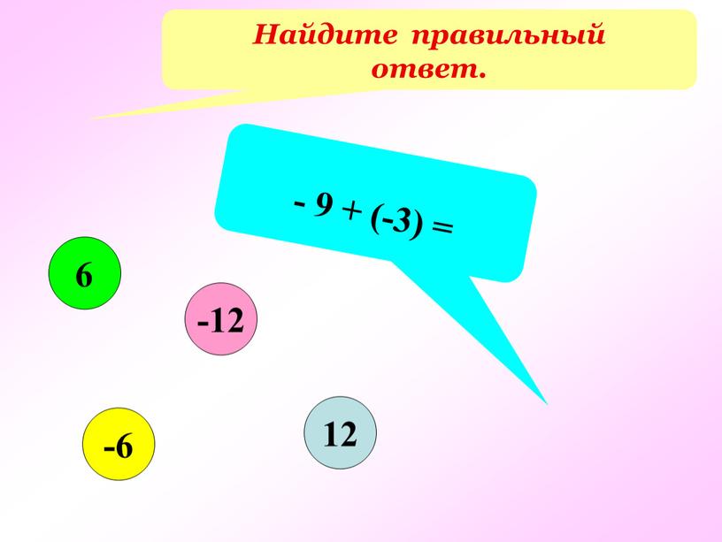 Найдите правильный ответ. - 9 + (-3) = 12 -6 6 -12