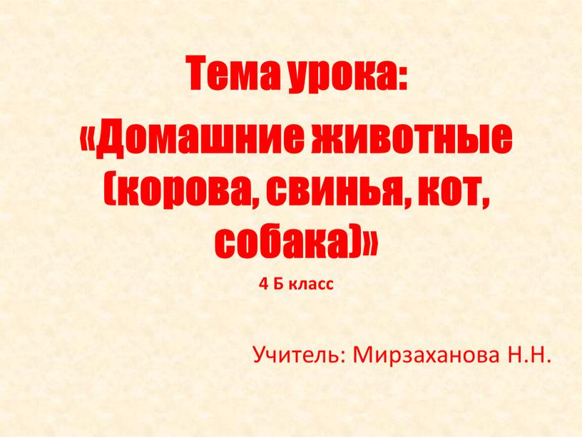 Тема урока: «Домашние животные (корова, свинья, кот, собака)» 4