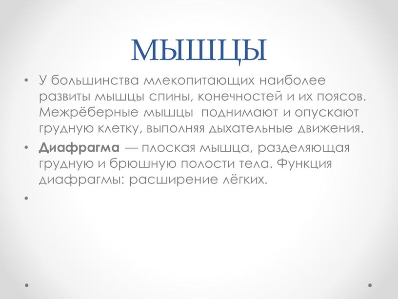 МЫШЦЫ У большинства млекопитающих наиболее развиты мышцы спины, конечностей и их поясов