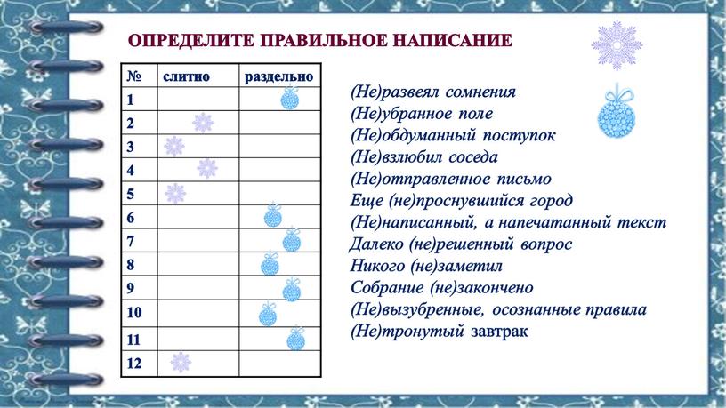 ОПРЕДЕЛИТЕ ПРАВИЛЬНОЕ НАПИСАНИЕ (Не)развеял сомнения (Не)убранное поле (Не)обдуманный поступок (Не)взлюбил соседа (Не)отправленное письмо