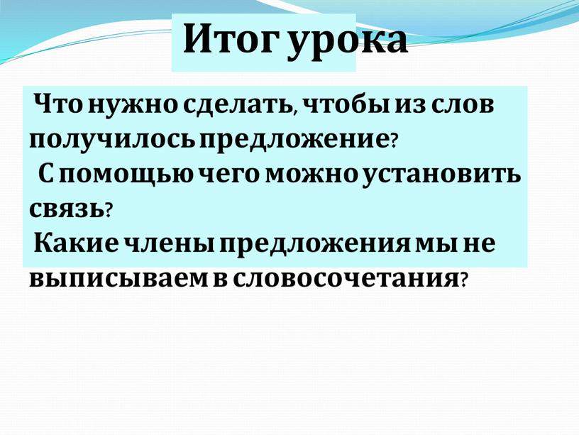 Итог урока Что нужно сделать, чтобы из слов получилось предложение?