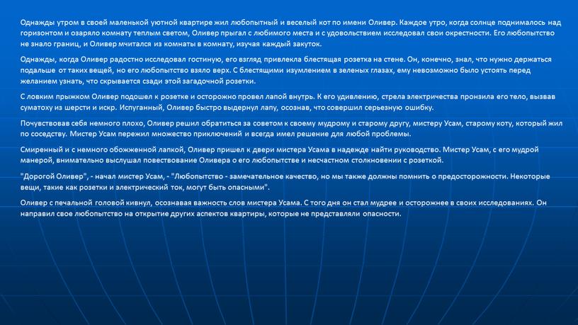 Однажды утром в своей маленькой уютной квартире жил любопытный и веселый кот по имени