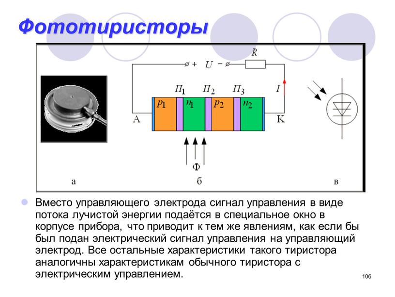 Фототиристоры Вместо управляющего электрода сигнал управления в виде потока лучистой энергии подаётся в специальное окно в корпусе прибора, что приводит к тем же явлениям, как…