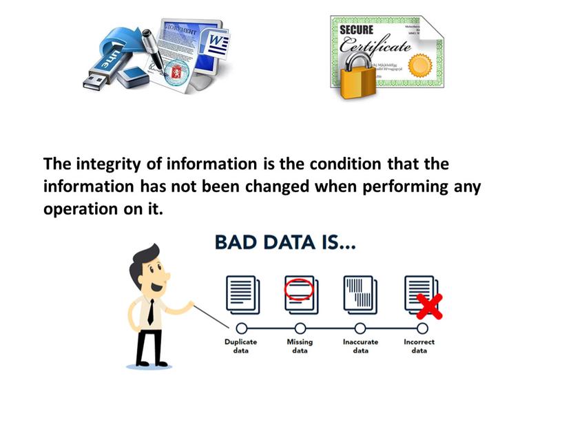 The integrity of information is the condition that the information has not been changed when performing any operation on it