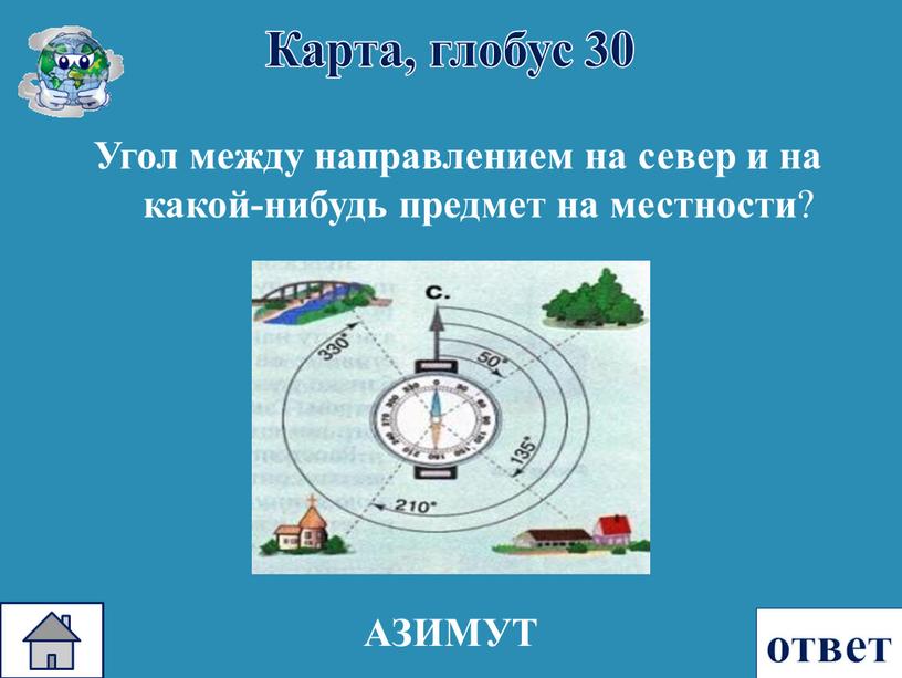 Карта, глобус 30 ответ Угол между направлением на север и на какой-нибудь предмет на местности ?