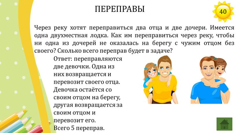 Через реку хотят переправиться два отца и две дочери