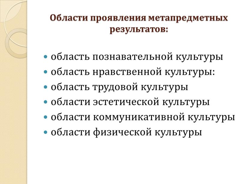 Области проявления метапредметных результатов: область познавательной культуры область нравственной культуры: область трудовой культуры области эстетической культуры области коммуникативной культуры области физической культуры