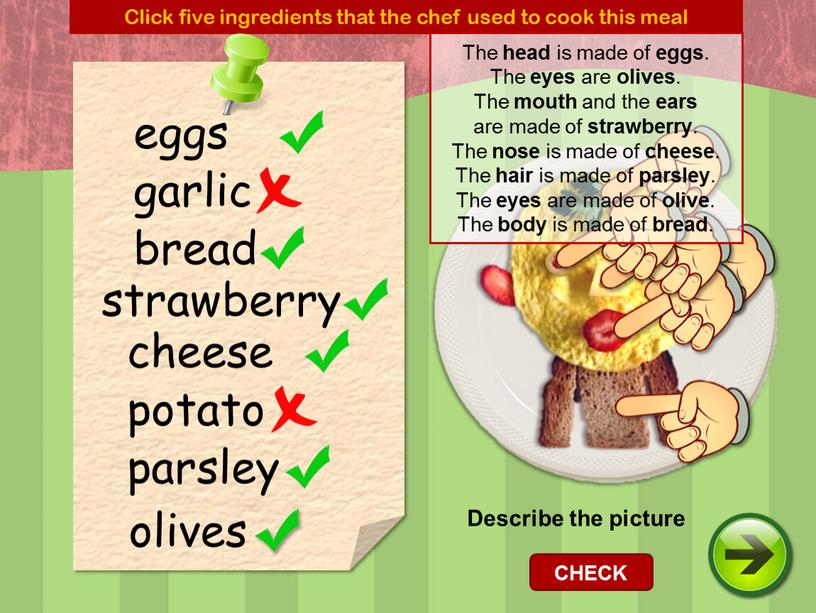 Click five ingredients that the chef used to cook this meal eggs bread strawberry garlic potato parsley cheese