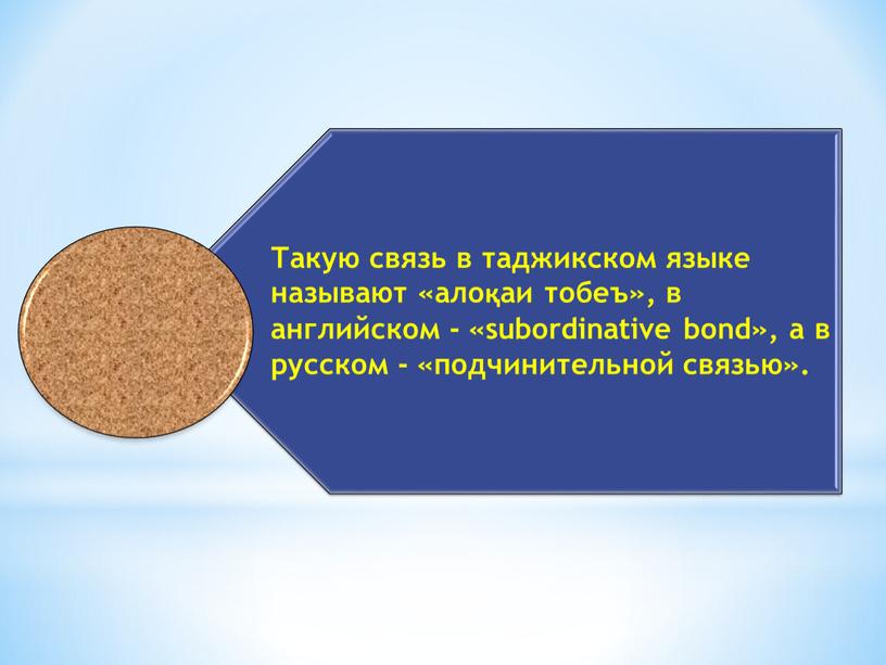 Такую связь в таджикском языке называют «алоқаи тобеъ», в английском - «subordinative bond», а в русском - «подчинительной связью»