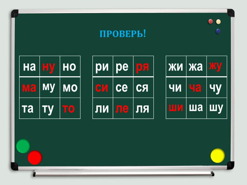 ПРОВЕРЬ! на ну но ма му мо та ту то жи жа жу чи ча чу ши ша шу ри ре ря си се ся…