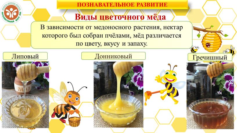 Виды цветочного мёда В зависимости от медоносного растения, нектар которого был собран пчёлами, мёд различается по цвету, вкусу и запаху