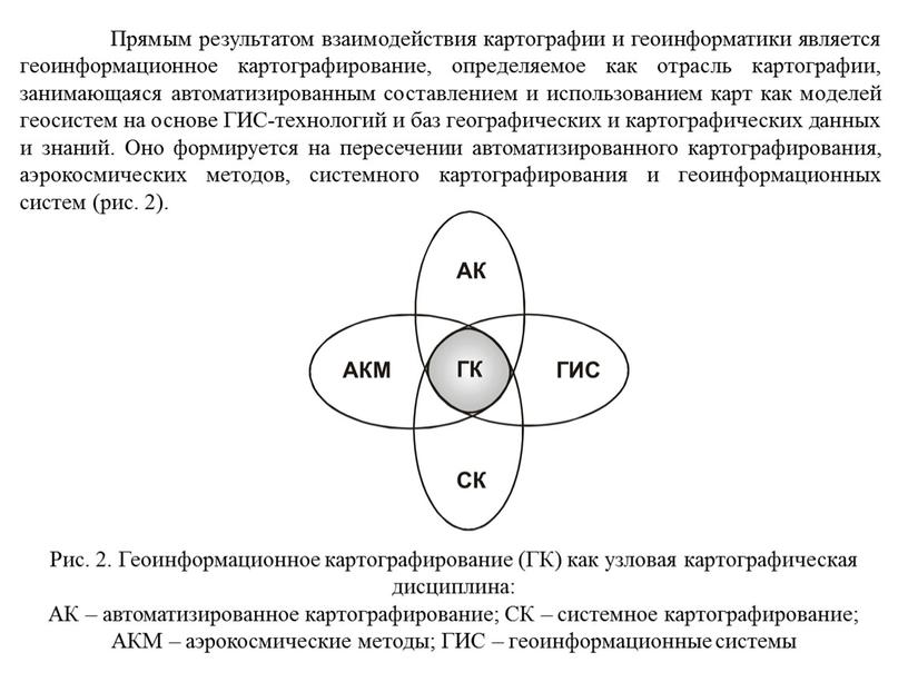 Прямым результатом взаимодействия картографии и геоинформатики является геоинформационное картографирование, определяемое как отрасль картографии, занимающаяся автоматизированным составлением и использованием карт как моделей геосистем на основе