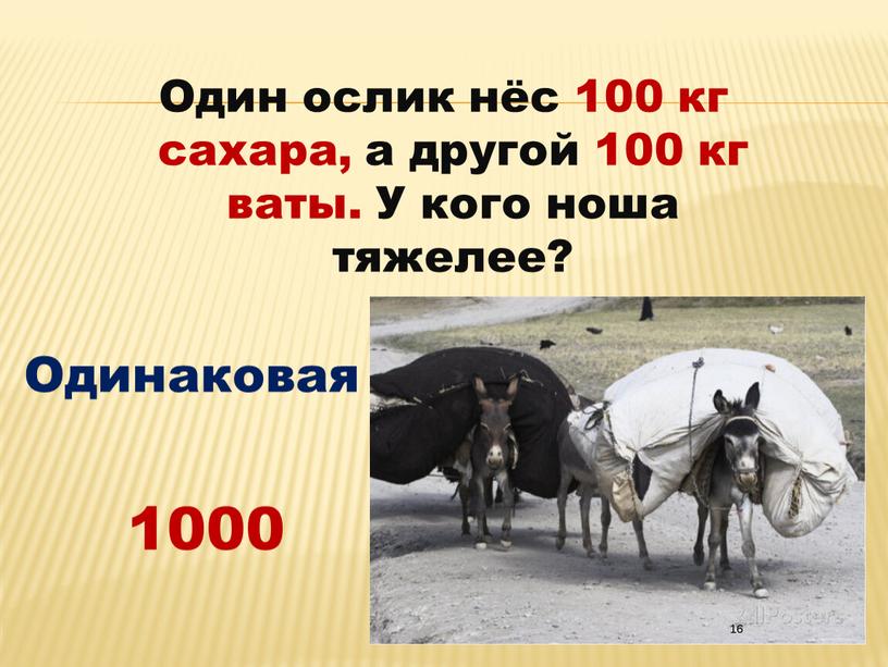 Один ослик нёс 100 кг сахара, а другой 100 кг ваты