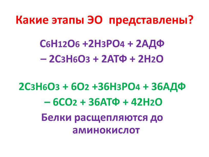 Какие этапы ЭО представлены? С6Н12О6 +2Н3РО4 + 2АДФ – 2С3Н6О3 + 2АТФ + 2Н2О 2С3Н6О3 + 6О2 +36Н3РО4 + 36АДФ – 6СО2 + 36АТФ +…